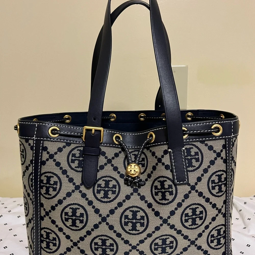 Tory Burch Navy and Cream Monogram Jacquard Small Tote